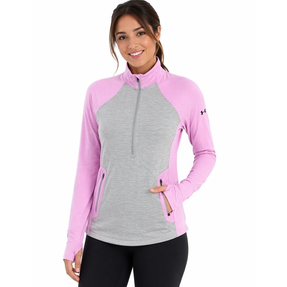 Under Armour Pullover Women Large Pink Grey ColdGear Reactor 1/4 Zip Thumbholes